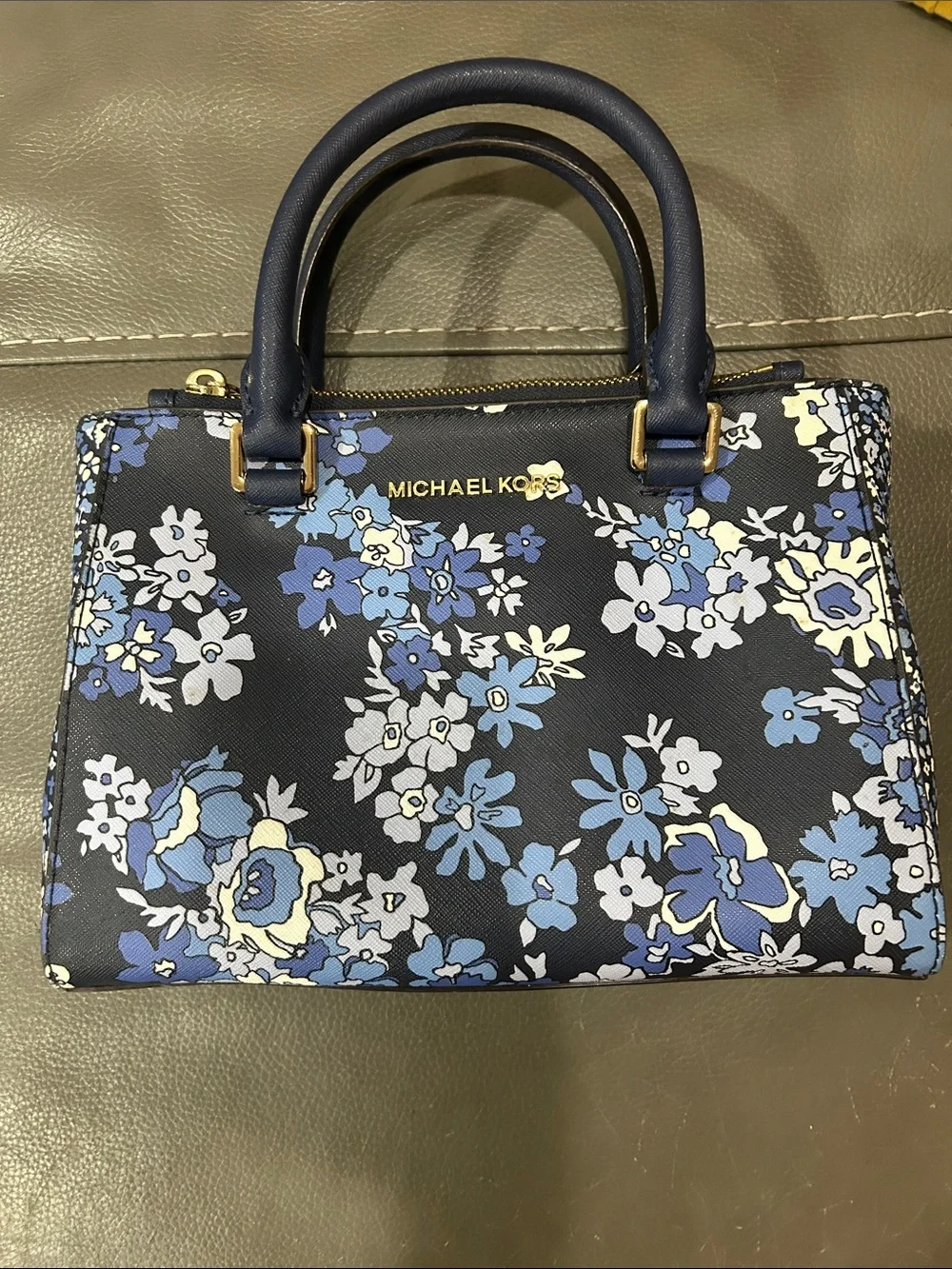 Michael Kors Kellen XS Satchel admiral navy blue floral print, crossbody strap.